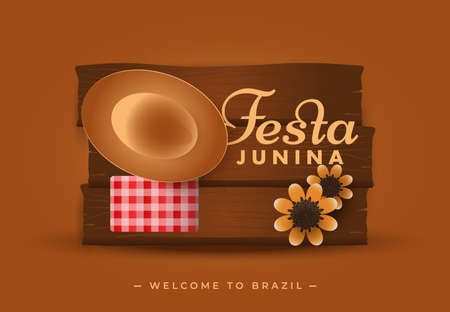 Festa Junina Sao Joao festival party welcome to Brazil hat sunflower scarf vector poster design bannerのイラスト素材