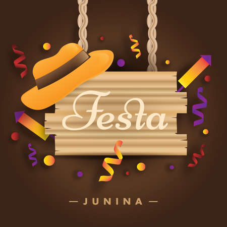 Festa Junina festival party celebration decorated background with hat firecrackers vector poster bannerのイラスト素材