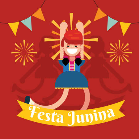 Festa Junina festival party celebration girl dancing illustration poster banner design vector templateのイラスト素材