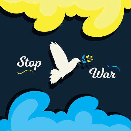 ukraine russia conflict stop war poster, dove peace bird symbol protest Ukrainian flag vector bannerのイラスト素材