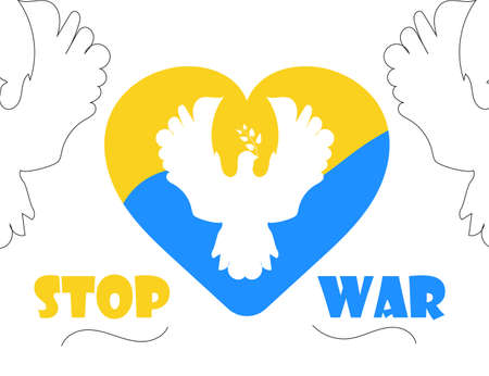 ukraine russia conflict stop war dove peace bird icon Ukrainian flag heart vector design templateのイラスト素材