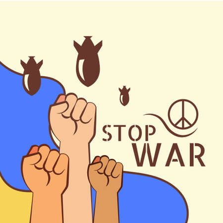 ukraine russia conflict, stop war poster bomb blast hand protest Ukrainian flag peace design bannerのイラスト素材