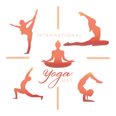 Happy International Yoga Day 21 June poster logo different asana silhouette set collection vectorのイラスト素材