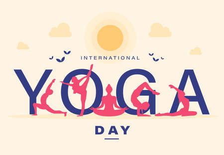 international Yoga Day poster different types morning asana silhouette set collection vector bannerのイラスト素材