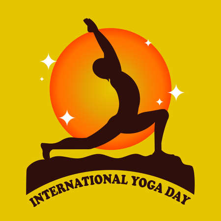 Happy International Yoga Day 21 June poster logo background Virabhadrasana Warrior Pose asana vectorのイラスト素材