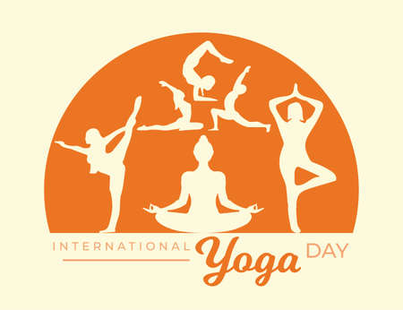International Yoga Day 21 June poster different type asana silhouette set collection vector designのイラスト素材