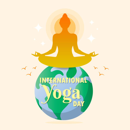 Yoga Day 21 June poster Padmasana Kapalbhati Pranayama Lotus Pose meditation earth asana vector artのイラスト素材
