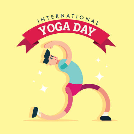 International Yoga Day 21 June poster logo Virabhadrasana Warrior Pose asana illustration design artのイラスト素材