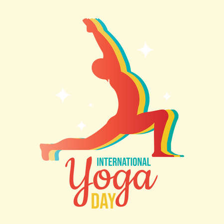 Happy International Yoga Day 21 June poster logo background Virabhadrasana Warrior Pose asana designのイラスト素材
