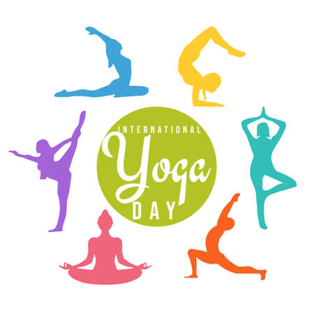 Happy International Yoga Day 21 June poster logo background different asana silhouette set designのイラスト素材