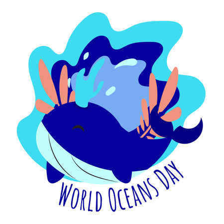 World Oceans Day underwater, marine sea blue whale fish cartoon poster vector design picture imageのイラスト素材