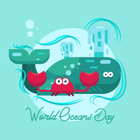 World Oceans Day, underwater save marine life earth blue whale crab greeting card poster vectorのイラスト素材