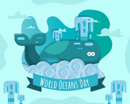 World Oceans Day 8 June, underwater marine blue whale fish cartoon poster vector design illustrationのイラスト素材