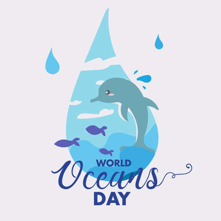 World Oceans Day 8 June underwater marine sea dolphin fish poster vector design background bannerのイラスト素材