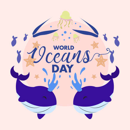 World Oceans Day 8 June, underwater marine blue whale jelly star fish cartoon poster vector designのイラスト素材