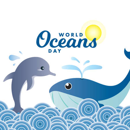 World Oceans Day 8 June underwater marine whale dolphin poster vector design background bannerのイラスト素材