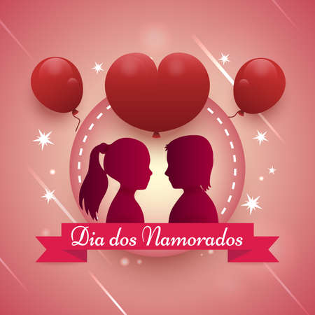 Happy Dia dos Namorados Valentine's Lovers' Day of Enamored 3d heart couple silhouette poster cardのイラスト素材