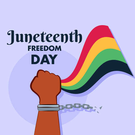 Juneteenth Freedom Day flag hand protest, breaking chain handcuffs black people illustration posterのイラスト素材