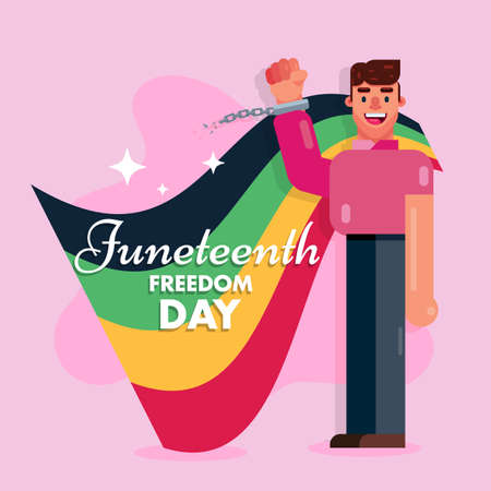 Juneteenth Freedom Day, flag in hand protest, breaking chain handcuffs people man poster vectorのイラスト素材