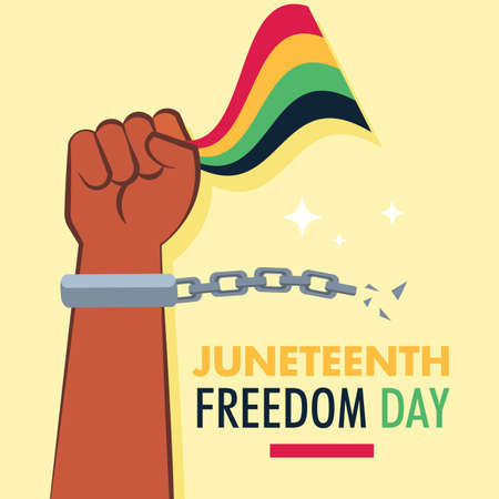 Juneteenth Freedom Day flag hand protest broken chain handcuff black person background poster vectorのイラスト素材