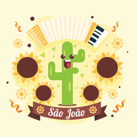 Sao joao brazil festa junina cultural festival, musical instrument accordion, cactus poster vectorのイラスト素材