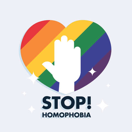 Stop Homophobia LGBT pride hand protest rainbow background heart poster placard vector illustrationのイラスト素材