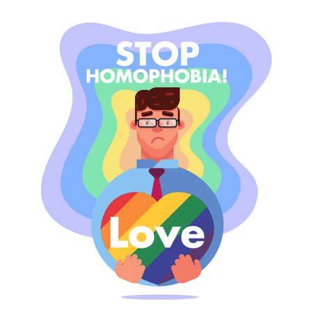 Stop Homophobia love LGBT pride sad gay man protest rainbow background heart poster vector bannerのイラスト素材