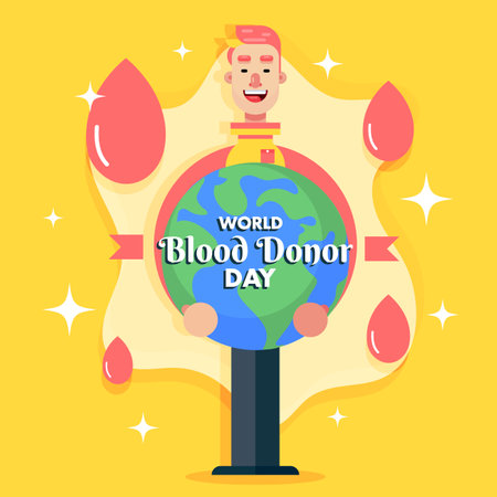 World Blood Donor Day image 14 June donation man boy with earth globe in hand poster vectorのイラスト素材