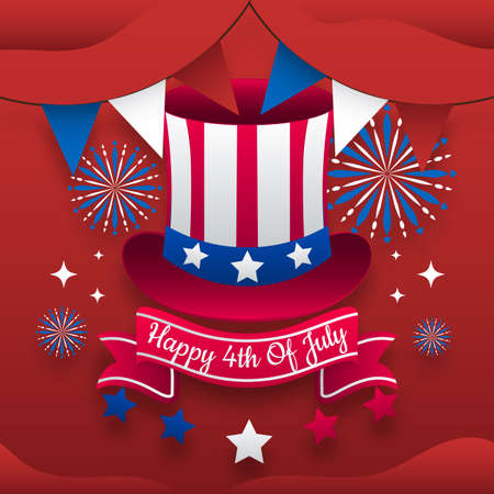 Happy 4th of july, independence day USA, America hat 3d poster greeting template background vectorのイラスト素材