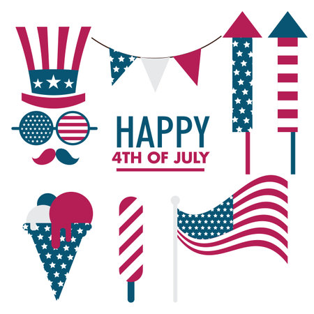 Happy 4th of july, independence day USA, America holiday elements set collection bundle vectorのイラスト素材
