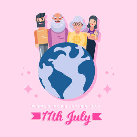 World Population Day 11th July people children men women on globe poster vector background designのイラスト素材