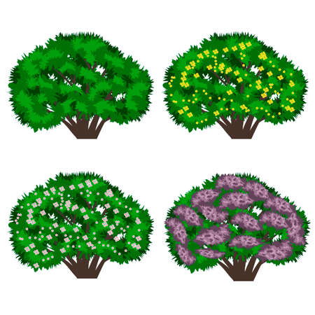 Summer landscape background. Scene with lilac bushes, hills, grass, pink flowers. and chamomiles.  Horizontally seamless, can be used in game asset. Vector illustrationのイラスト素材