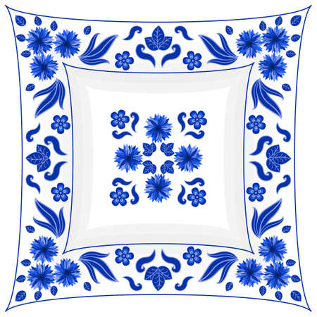 Decorative rectangular porcelain plate ornate with traditional blue floral pattern. Decorated in Russian style Gzhel with cornflowers and leaves. Vector illustration, isolated object.のイラスト素材