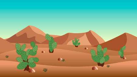 Desert landscape background. with sand dunes and cactus bushes. Horizontally seamless, can be used in game asset. Vector Illustrationのイラスト素材