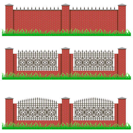 Set of manor or garden fences. Brick stone and decorative iron grille. Use as elements and details for scene creating. Objects isolated on white background, vector illustrationのイラスト素材