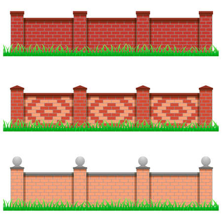 Set of brick stone fences. Use as elements and details for scene creating. Isolated objects on white background, vector illustration.のイラスト素材