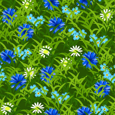 Grass texture with flowers. Seamless pattern for background. Can be used in landscape or garden scene. Vector illustrationのイラスト素材