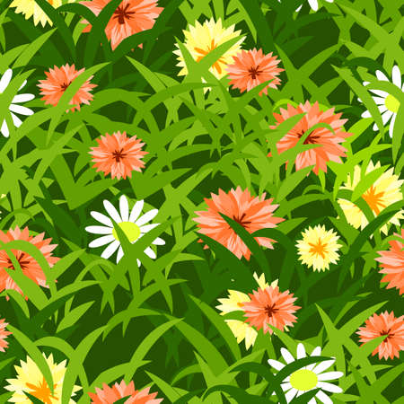 Grass texture with flowers. Seamless pattern for background. Can be used in landscape or garden scene. Vector illustrationのイラスト素材