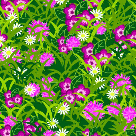 Grass texture with flowers. Seamless pattern for background. Can be used in landscape or garden scene. Vector illustrationのイラスト素材