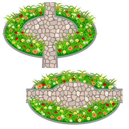 Garden flowers asset. Bushes and flowers in grass to use in garden scene. Vector illustrationのイラスト素材