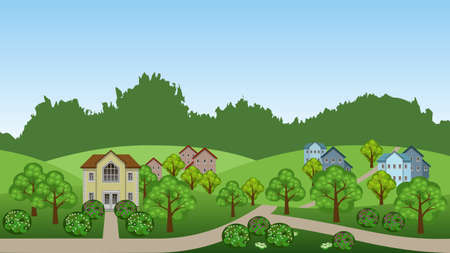 Village summer landscape scene.  Cartoon background with town houses, hills, trees and bushes, can be used in game asset. Horizontally seamless, vector illustrationのイラスト素材