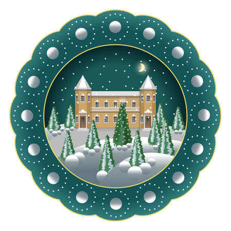 Decorative Christmas souvenir plate isolated. Porcelain plate painted with Christmas night winter landscape scene. Snow, trees, snowflakes, house. Vector illustrationのイラスト素材
