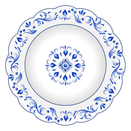 Decorative porcelain plate ornate with blue floral ornament pattern in traditional Russian style Gzhel with vintage elements. Isolated object, white plate with blue paint. Vector illustrationのイラスト素材
