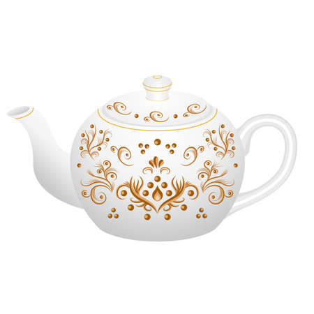 Porcelain teapot for tea set ornate with golden vintage pattern.  Isolated object, vector illustration. White teapot with golden oriental traditional ornamentのイラスト素材
