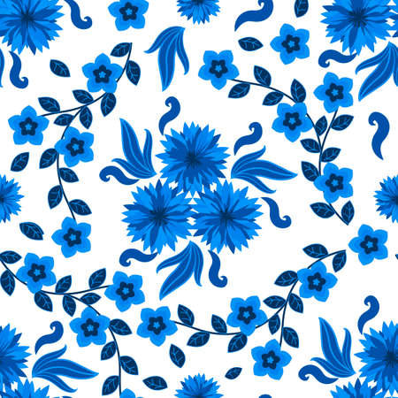 Decorative floral pattern for backgrounds ornate with traditional blue on white ornament in Russian style Gzhel with flowers and leaves. Seamless pattern, vector illustrationのイラスト素材