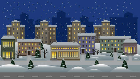 Winter night cityscape vector cartoon background. Modern city landscape with residential houses and shop buildings, snow and trees. Christmas or New Year night. Flat design style, vector illustrationのイラスト素材