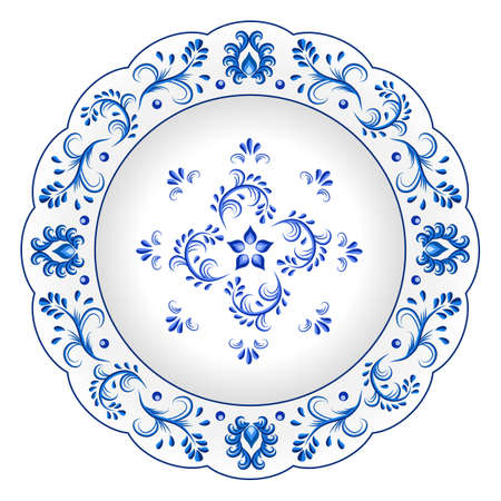 Decorative porcelain plate ornate with blue floral ornament pattern in traditional Russian style Gzhel with vintage elements. Isolated object, white plate with blue paint. Vector illustrationのイラスト素材