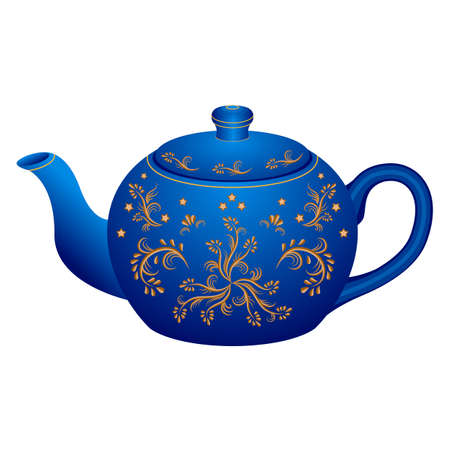 Porcelain teapot for tea set ornate with golden vintage pattern.  Isolated object, vector illustration. White teapot with golden oriental traditional ornamentのイラスト素材