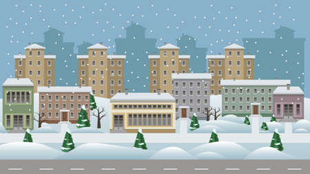 Winter cityscape cartoon background. Modern city landscape with houses and shop buildings in snow along a street, trees and walks.  Flat design style. Vector illustrationのイラスト素材
