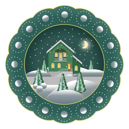 Decorative Christmas souvenir plate isolated. Porcelain plate painted with Christmas night winter landscape scene. Snow, trees, snowflakes, house. Vector illustrationのイラスト素材